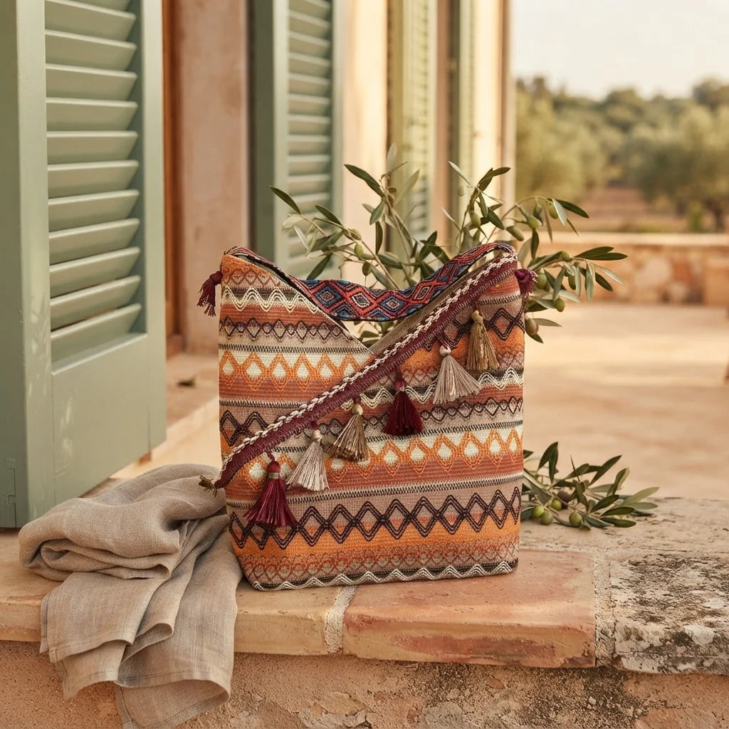 Coffee woven fringe bag styled in a warm Mediterranean setting