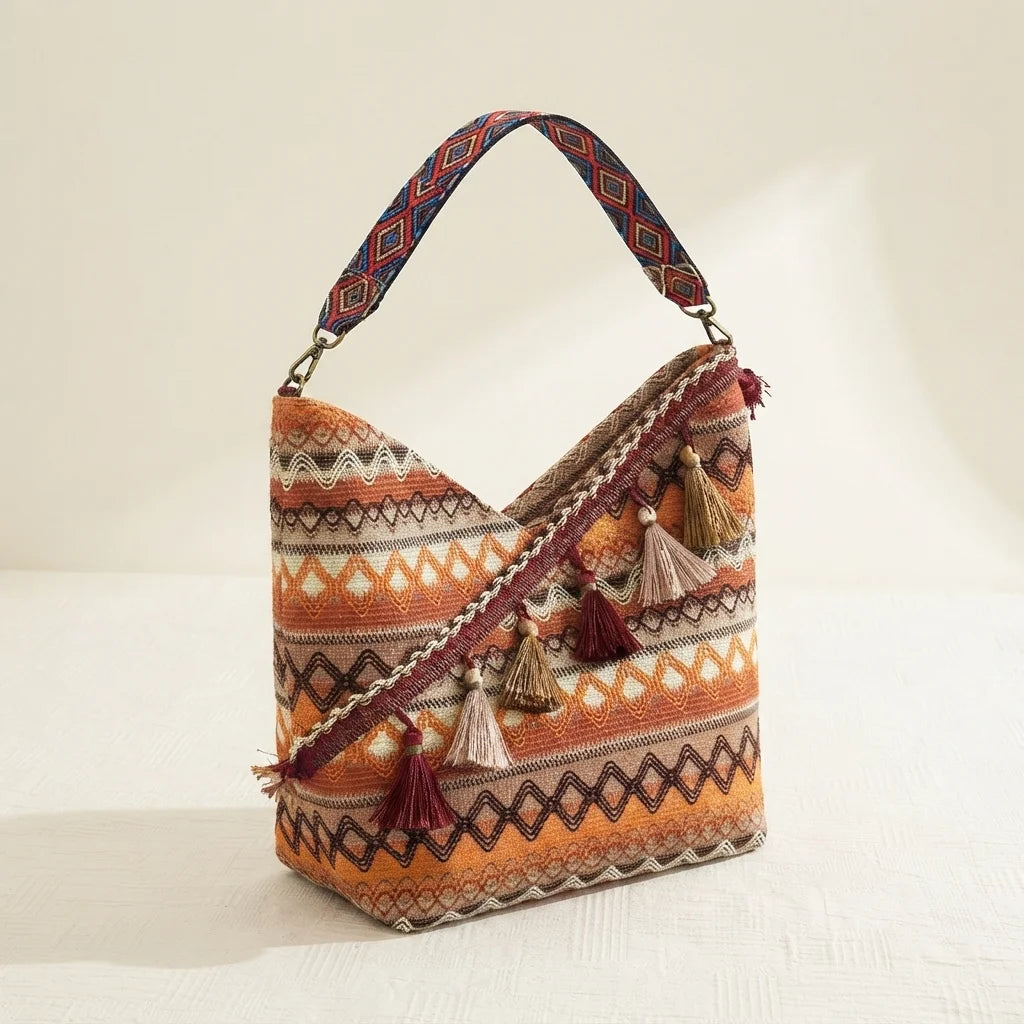 Coffee woven fringe bag, three-quarter angle showing side depth