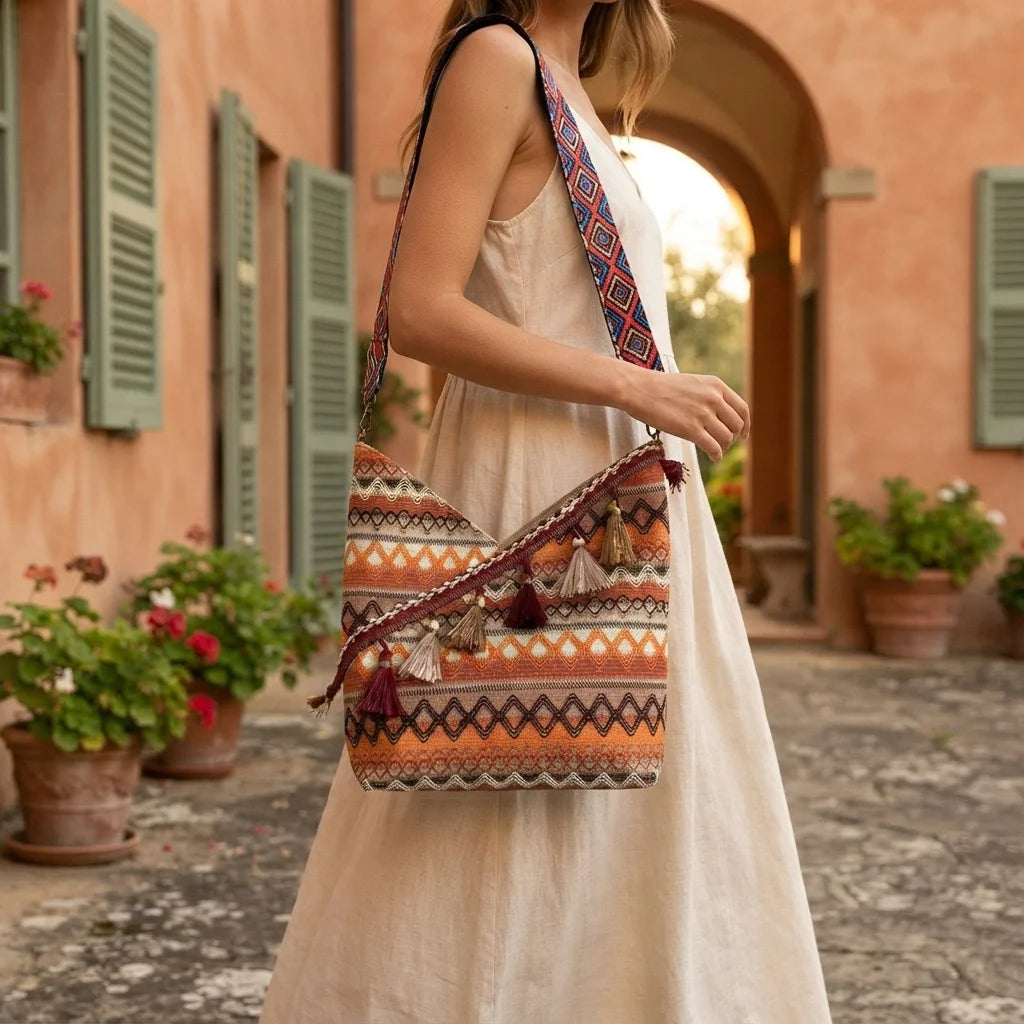 Woman wearing Coffee woven fringe bag with swaying fringe