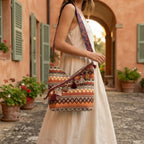 Woman wearing Coffee woven fringe bag with swaying fringe