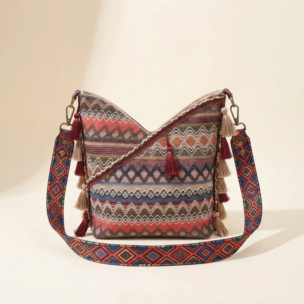 Back panel of Wine Red woven fringe bag with strap attachments
