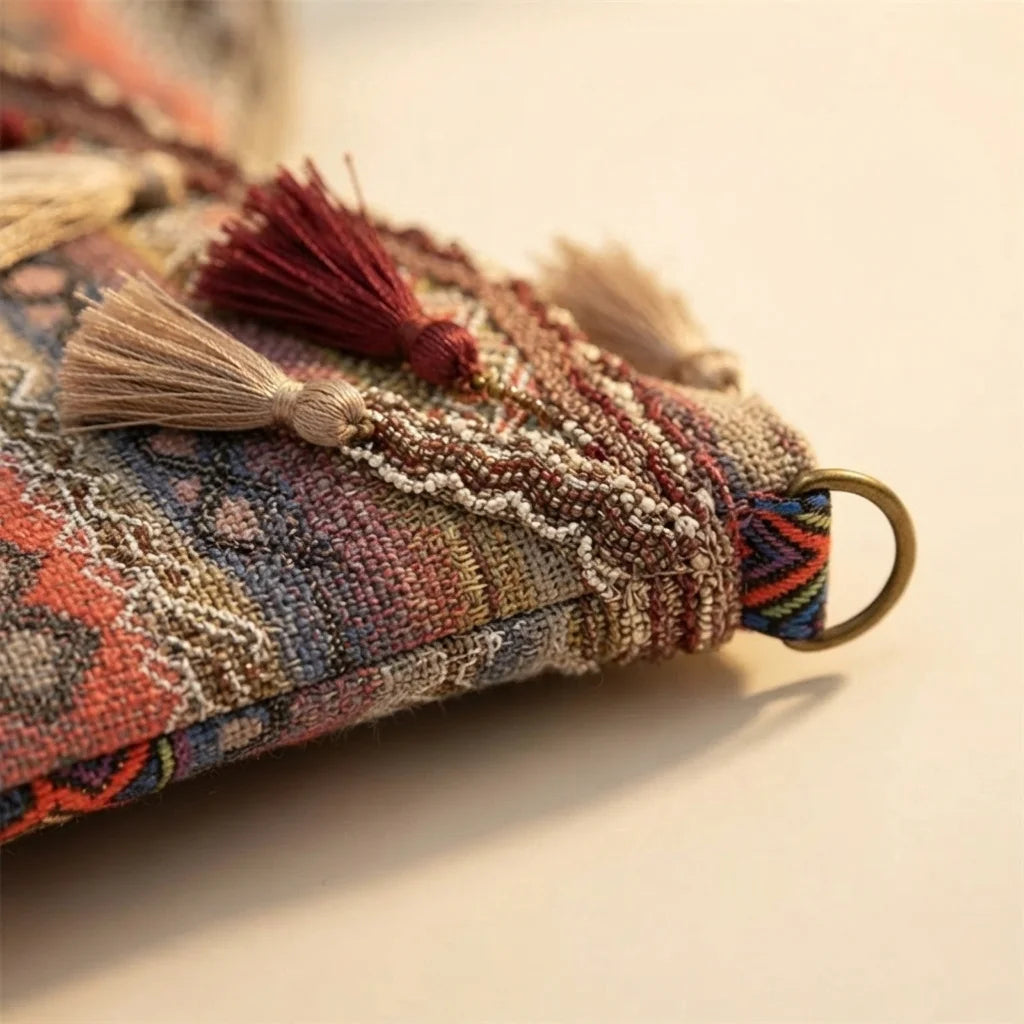 Close-up of fringe stitching and texture on Wine Red woven fringe bag