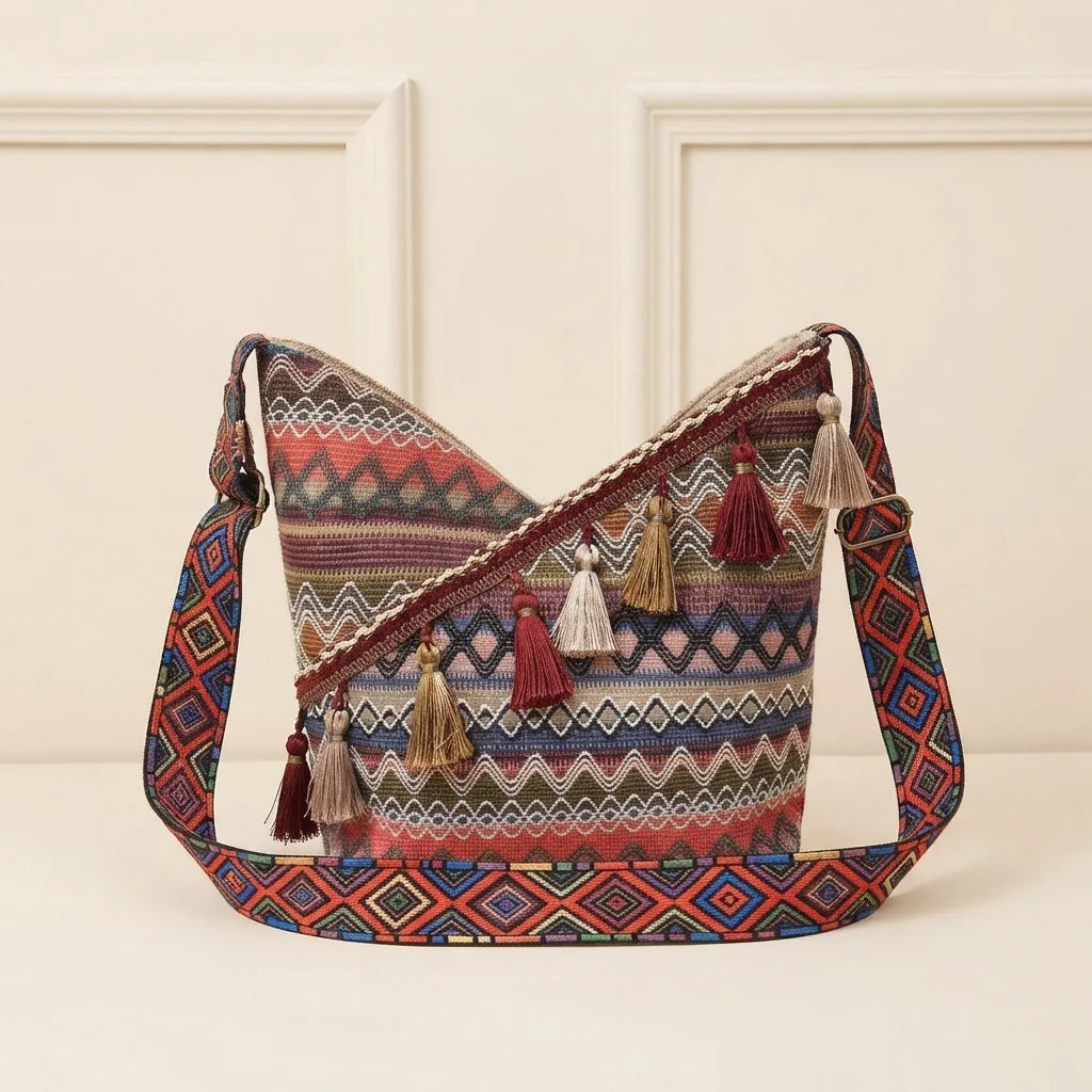 Wine Red woven fringe bag, front view