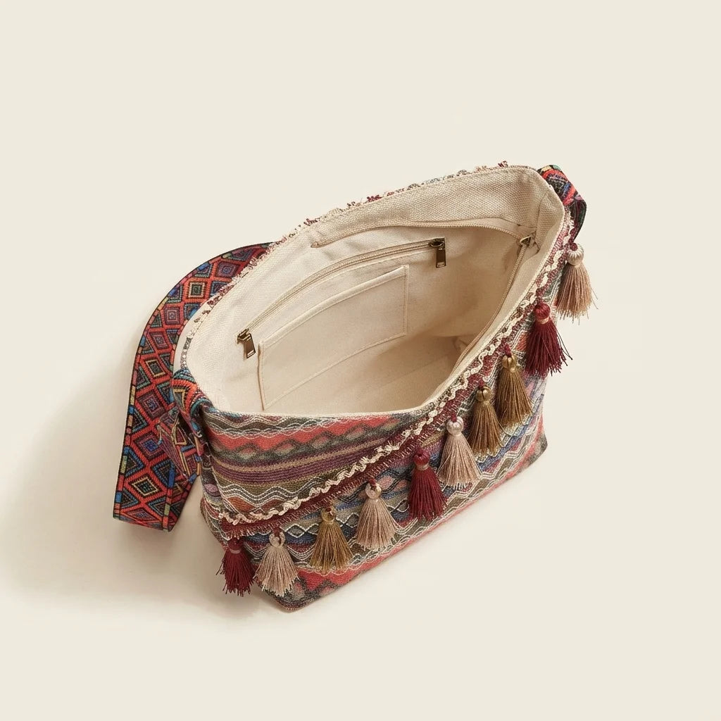 Interior lining and pockets of Wine Red woven fringe bag