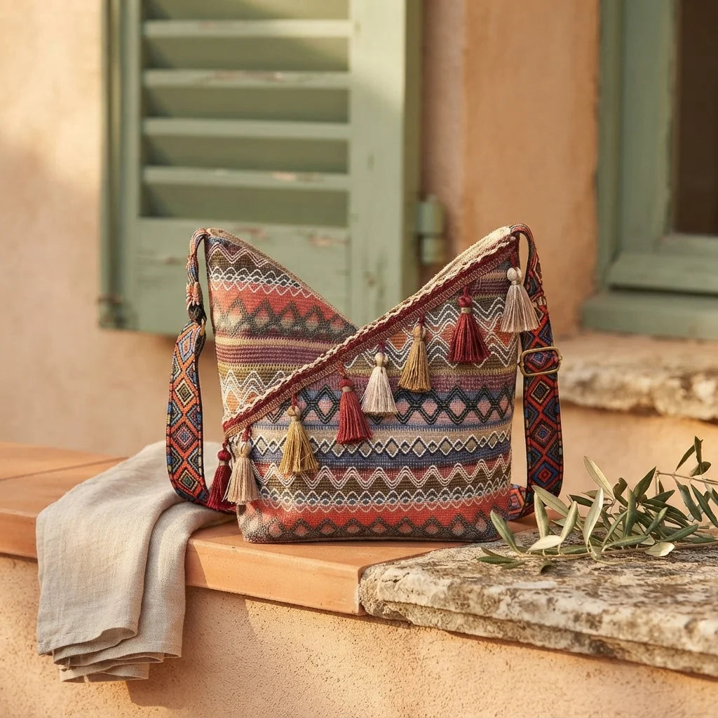 Wine Red woven fringe bag styled in a warm Mediterranean setting