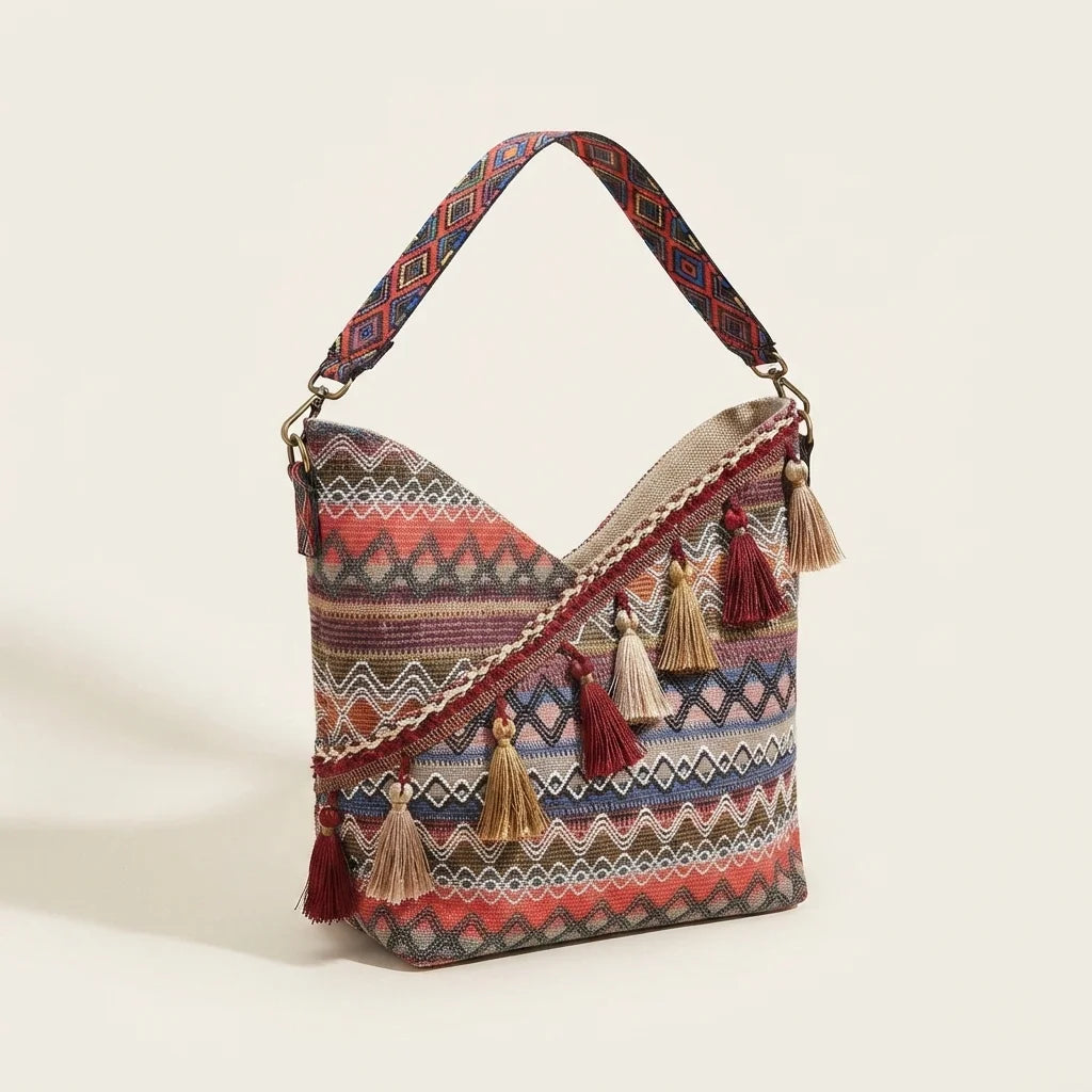 Wine Red woven fringe bag, three-quarter angle showing side depth