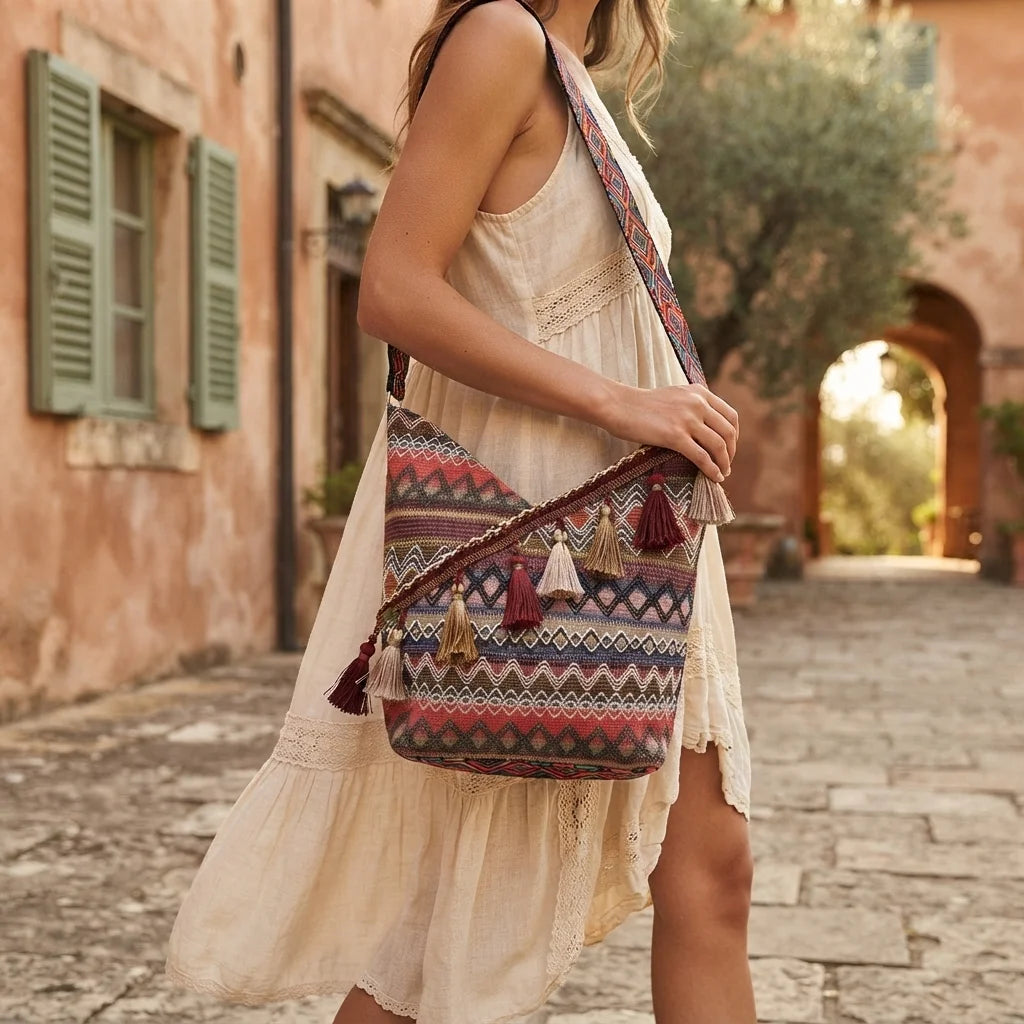 Woman wearing Wine Red woven fringe bag with swaying fringe