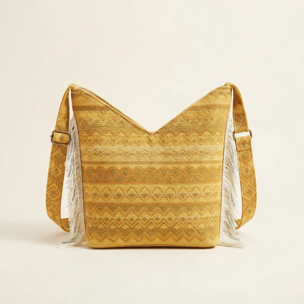 Back panel of Yellow woven fringe bag with strap attachments