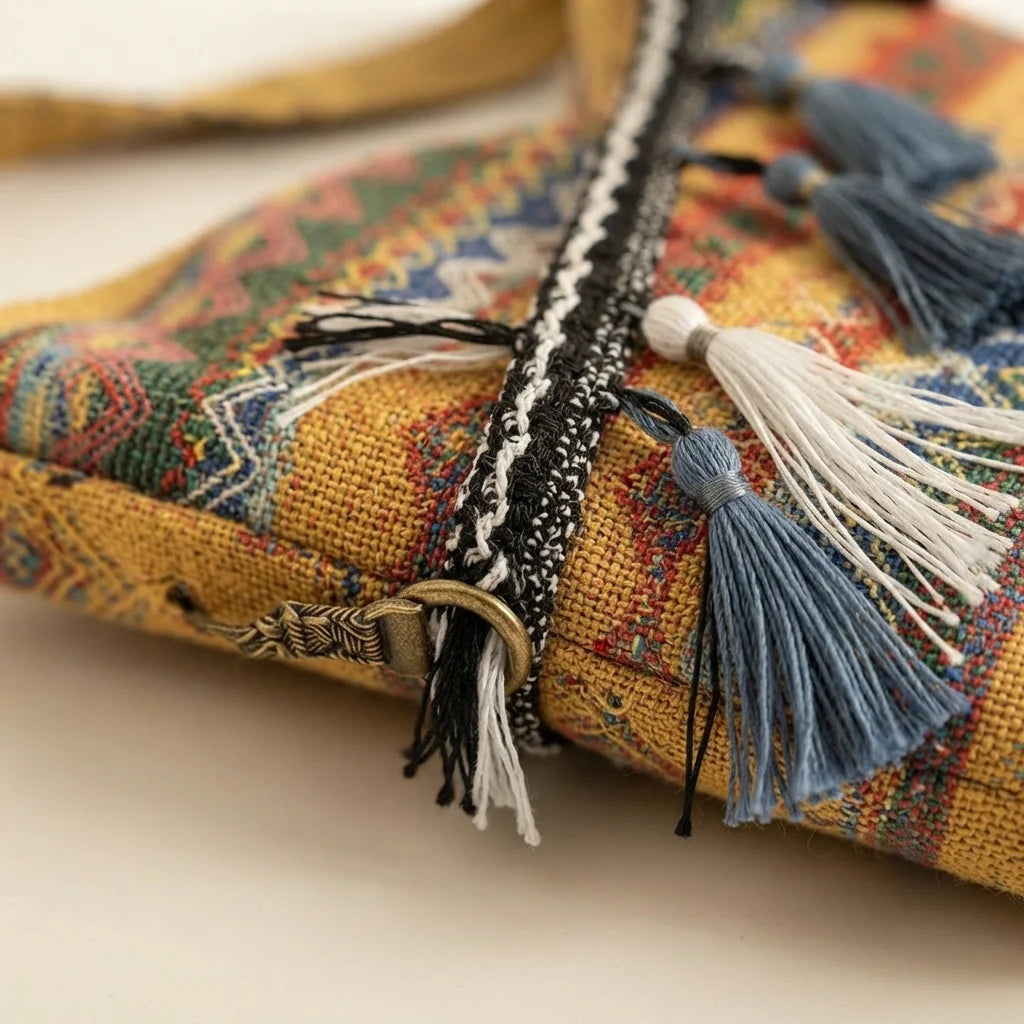 Close-up of fringe stitching and texture on Yellow woven fringe bag