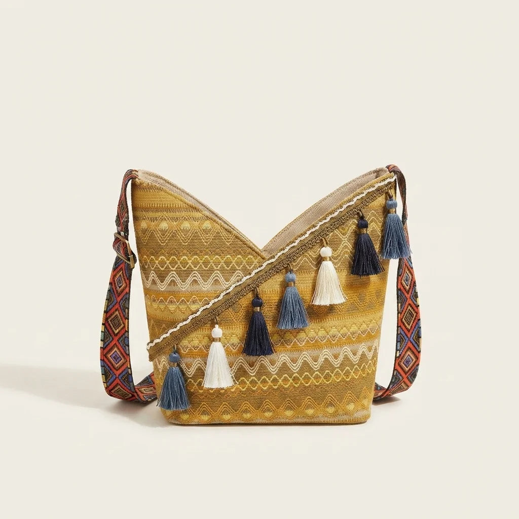 Yellow woven fringe bag, front view