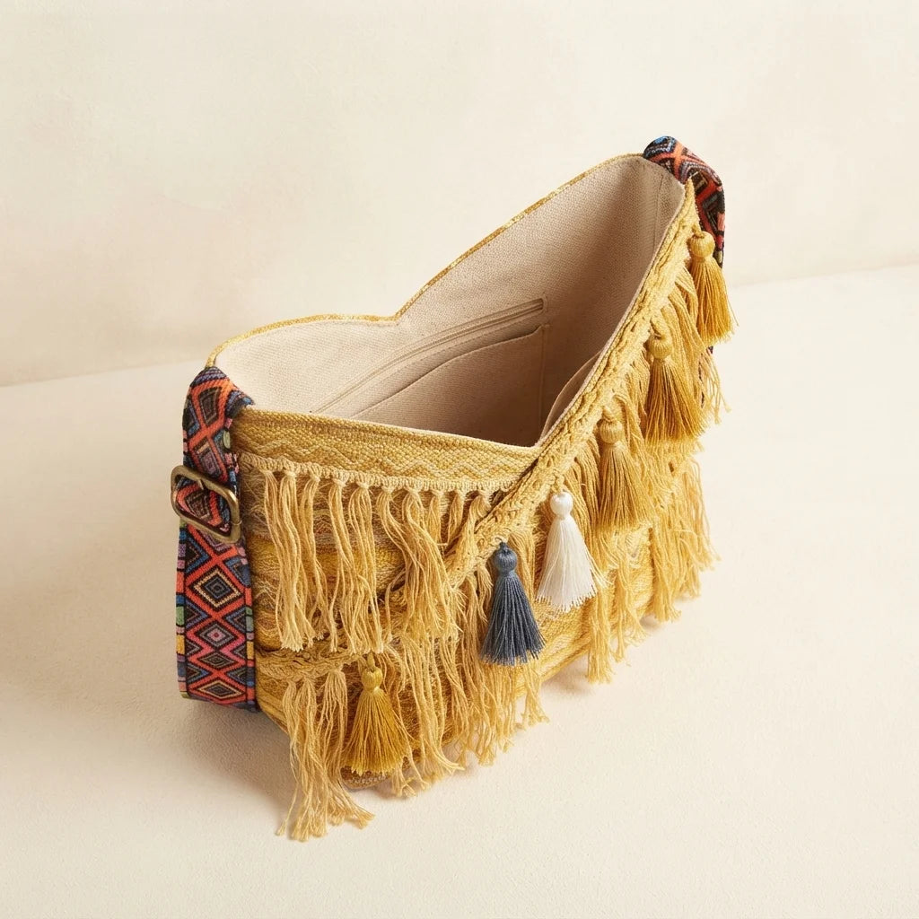 Interior lining and pockets of Yellow woven fringe bag