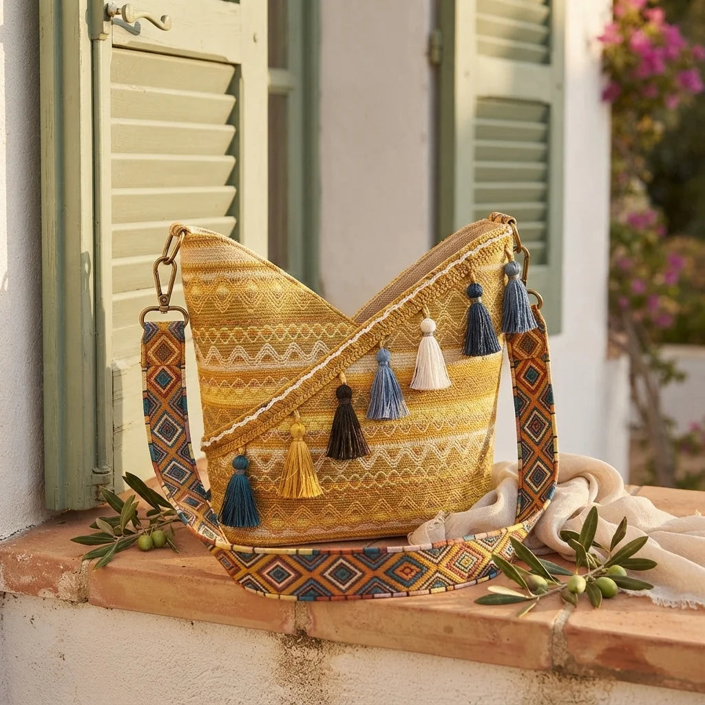 Yellow woven fringe bag styled in a warm Mediterranean setting
