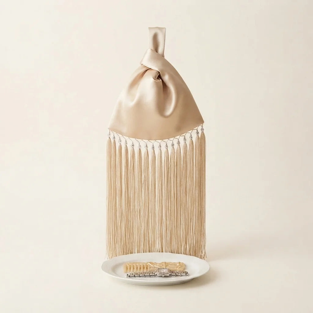 Beige wristlet fringe bag, front view