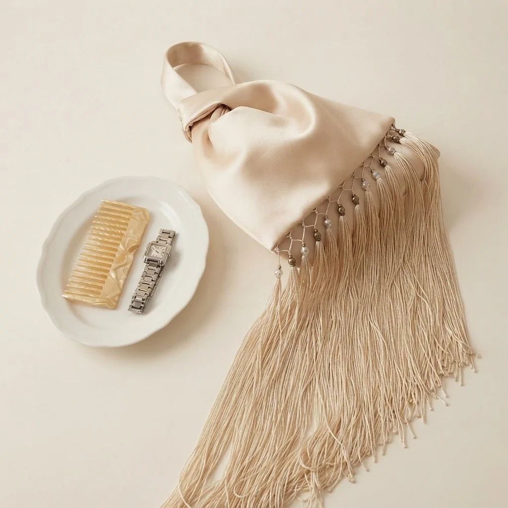 Beige wristlet fringe bag, three-quarter angle showing side depth